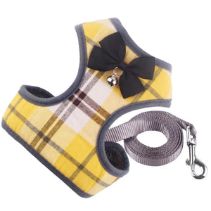 Yellow Checked Tuxedo Vest Bow Tie Dog Harness & Leash Set