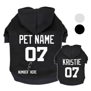 Black custom sports dog hoodie is personalized with name and 2 digit number
