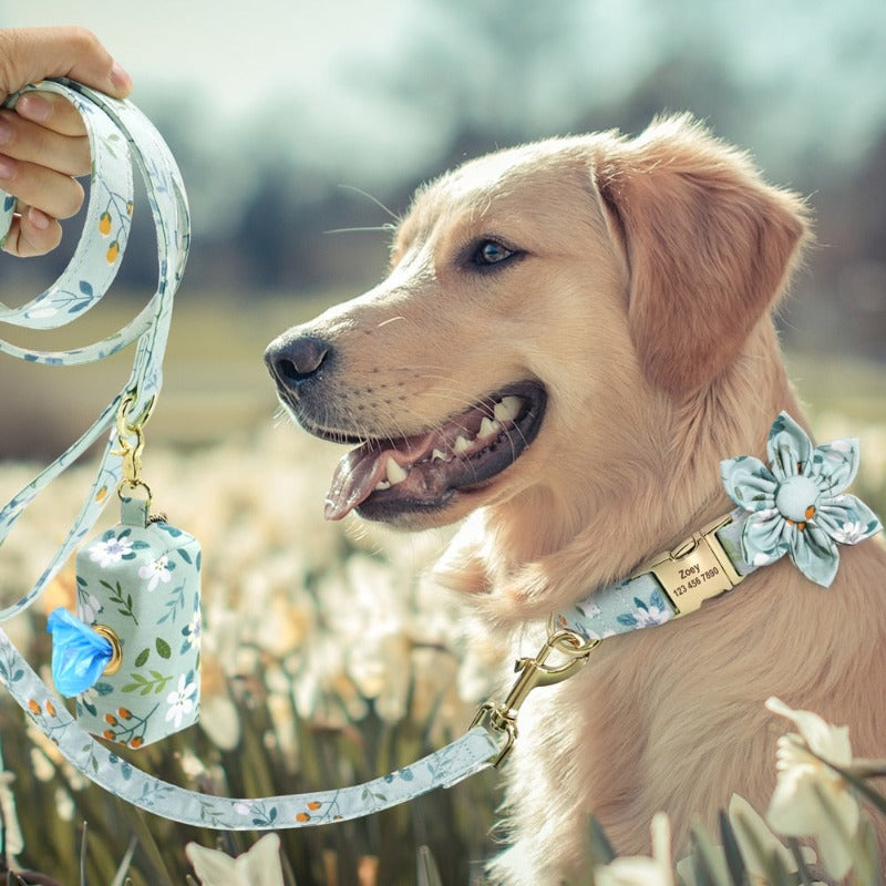 Light Blue Flower Dog Collar & Leash Set with Matching Poop Bag Case | Personalized Free