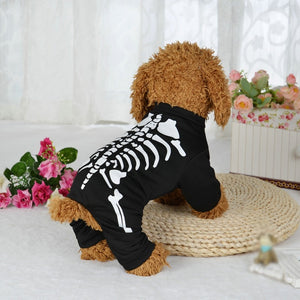 Halloween Skeleton Dog Costume fits small to medium dogs.