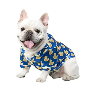 French bulldog wearing Luxurious Satin Rubber Duck Dog PJs