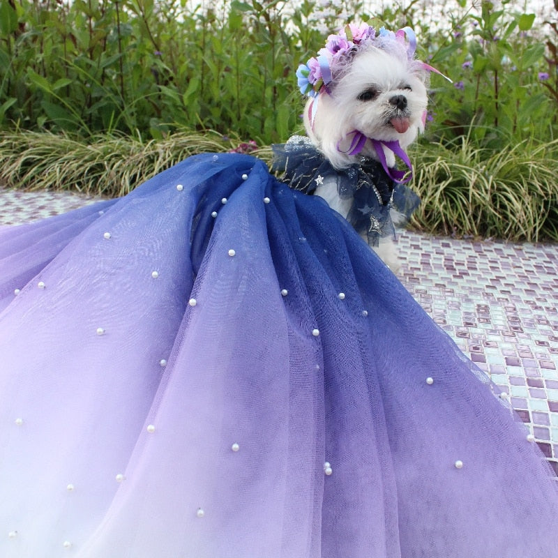 The Noble Navy Blue Trailing Dog Party Dress is exquisitely crafted with the finest details, including a long tri-color train in navy, lilac and white.