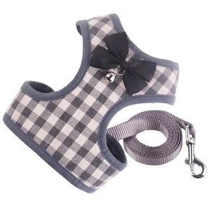 Gray Checked Tuxedo Vest Bow Tie Dog Harness & Leash Set