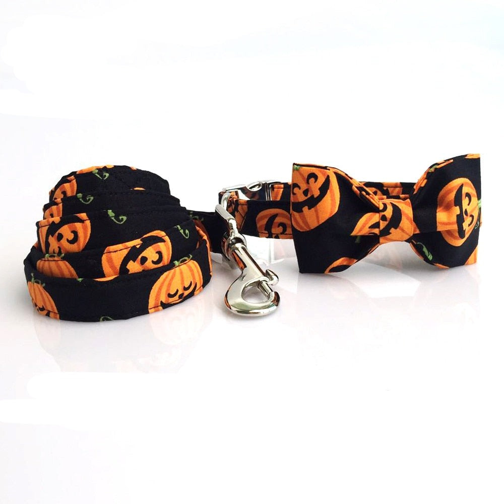 Halloween Pumpkin Bow Tie Dog Collar & Leash Set