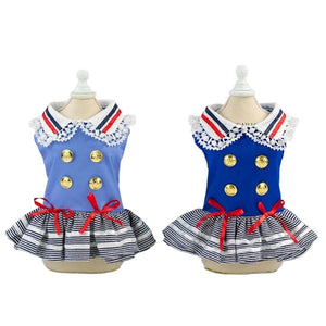 Nautical Sailor Dog Dress come in light blue or royal blue.