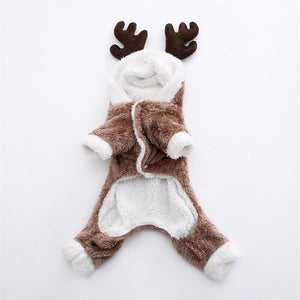 Brown and Cream Warm Fleece Christmas Reindeer Dog Jumpsuit features antlers and snap buttons at the underbelly for easy on/off.