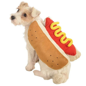 Mutt wearing a hot dog costume with a bun, ketchup, and mustard on a white background