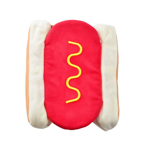 Plush dog costume shaped like a hot dog with a red body and yellow mustard on a white background