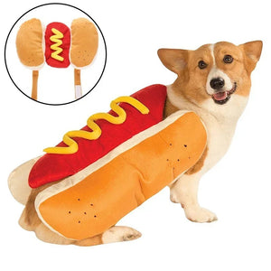 Corgi wearing a hot dog costume with a close-up of the hot dog toy.