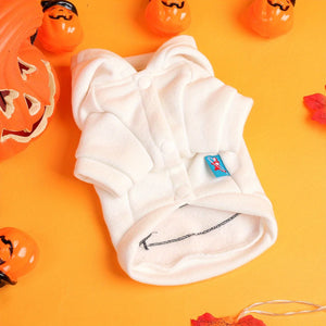White Halloween mumm dog hoodie with a  has 3 snap buttons on underbelly