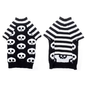 Front and back of Halloween skulls dog sweater.  Black and white patterned sweaters with horizontal streips on the arms and underside.