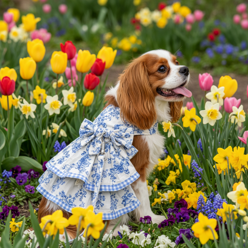 Dog wearing a blue and white floral dress with a bow on a white background