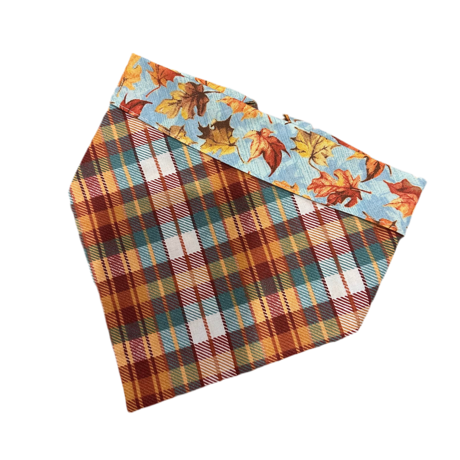 Two fabric bandana, one side with a plaid pattern and the other with autumn leaf design, on a white background.
