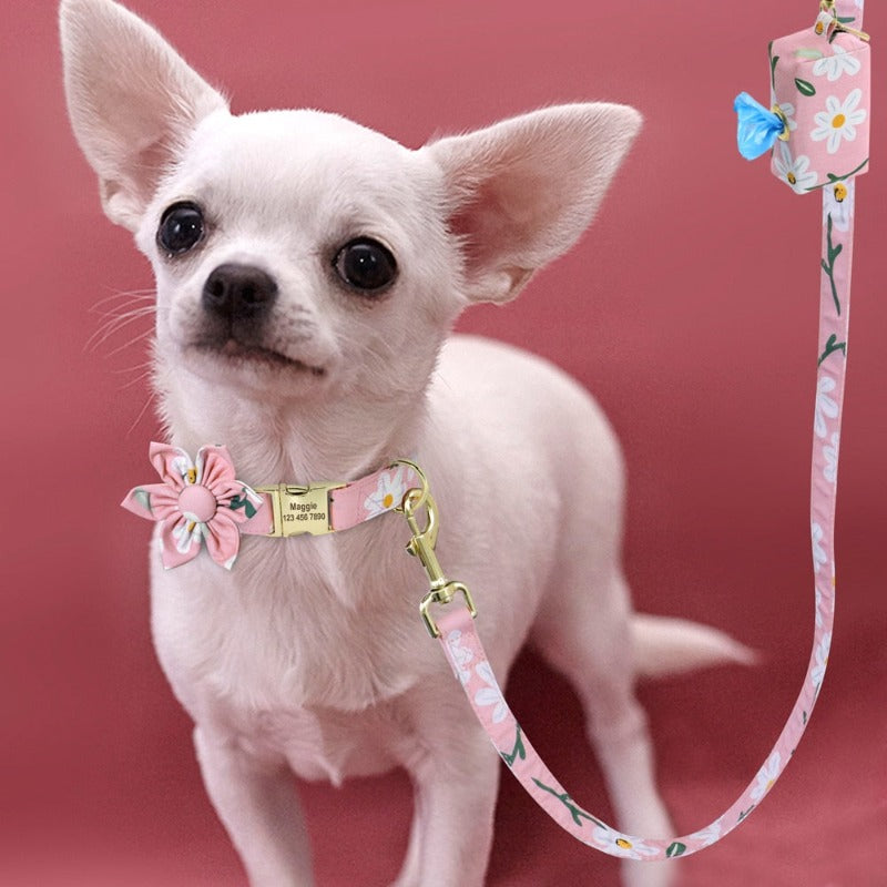 Pink Daisy Flower Collar & Leash Set with Matching Poop Bag Case