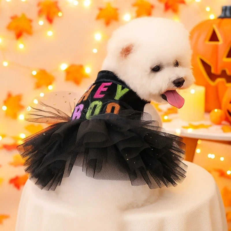 Black Halloween-themed outfit with 'HEY BOO' text on a wooden mannequin against a white background.