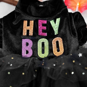 Black velvet dress with colorful 'HEY BOO' letters on black bodice
