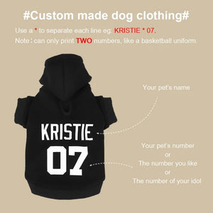Dog hoodie can be customized with your pet's name and a 2 digit number like a basketball jersey.