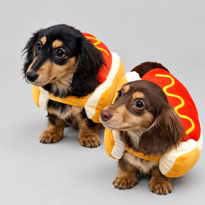 Two dachshunds in hot dog costumes sitting on a white surface.