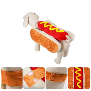 Dog costume shaped like a hot dog with mustard on a white background