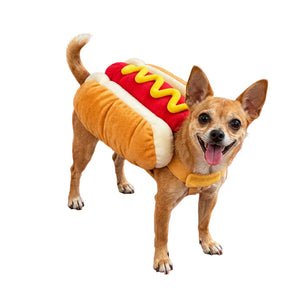 Chihuahua wearing a hot dog costume