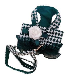 Dog harness and leash set with houndstooth pattern and white flower on white background