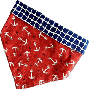 Anchor Dog Collar features anchors on red, with blue netting trim and backing.