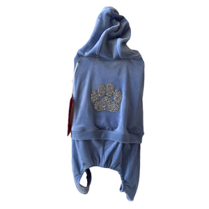 Isaac Mizrahi light blue velour dog tracksuit is hooded