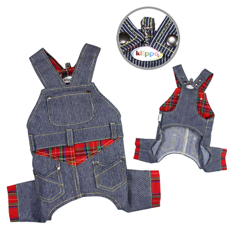 Yorkie in striped denim overalls