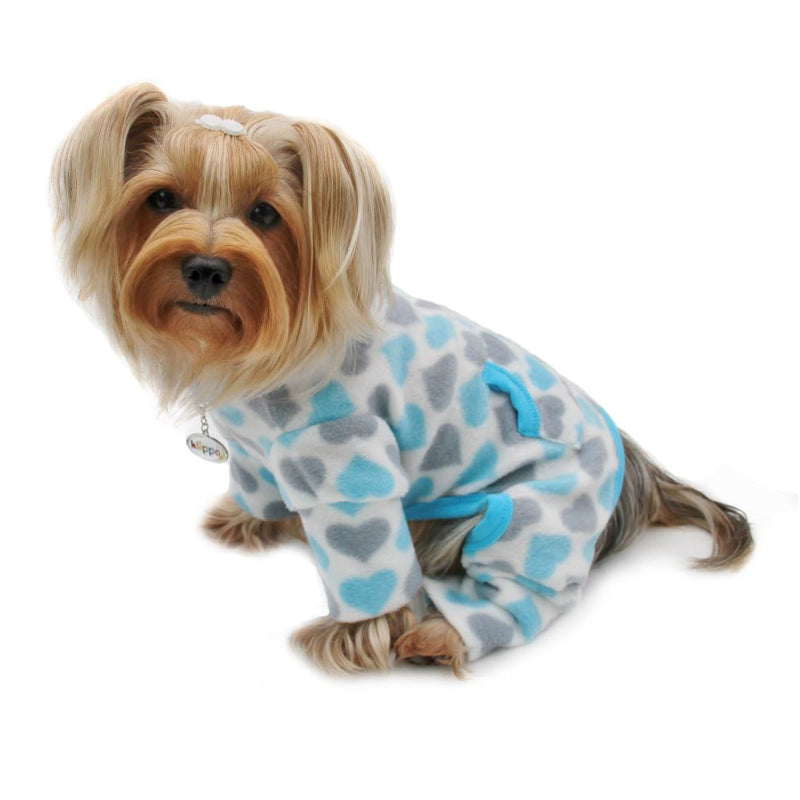 Yorkie wearing Blue & Gray Hearts Fleece Turtleneck Dog Pajamas