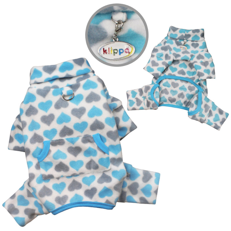 Yorkie wearing Blue & Gray Hearts Fleece Turtleneck Dog Pajamas