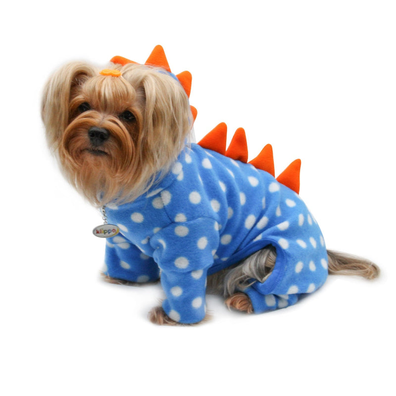 Yorkie wearing Polka Dots Dinosaur Fleece Hooded Dog Bodysuit/Pajamas