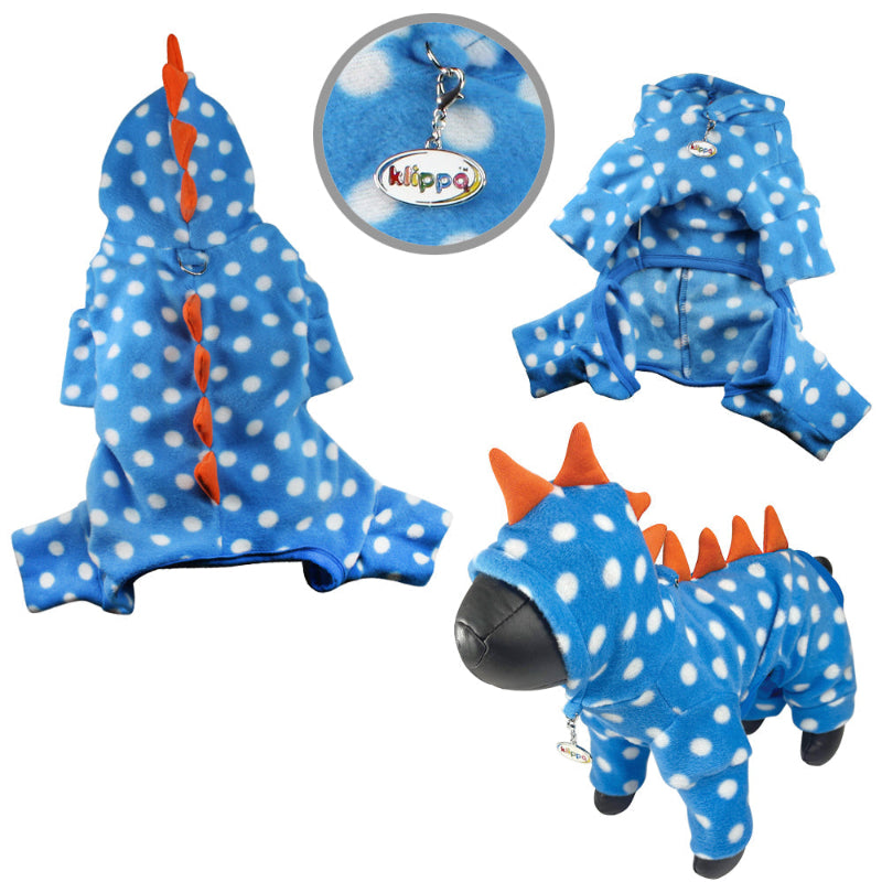 Yorkie wearing Polka Dots Dinosaur Fleece Hooded Dog Bodysuit/Pajamas