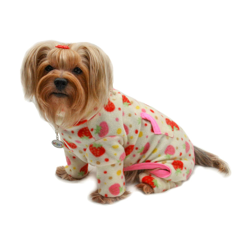 Yorkie wearing Yummy Strawberry Fleece Turtleneck Dog Pajamas