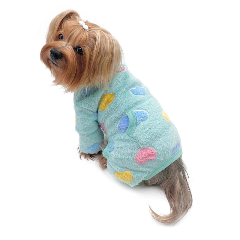 Yorkie  wearing blue Ultra Plush Colorful Hearts Turtleneck Pajamas.