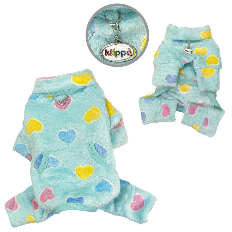 Yorkie  wearing blue Ultra Plush Colorful Hearts Turtleneck Pajamas.