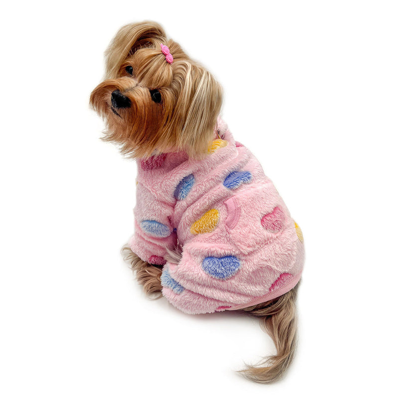 Yorkie wearing Pink Ultra Plush Colorful Hearts Turtleneck Dog Pajamas