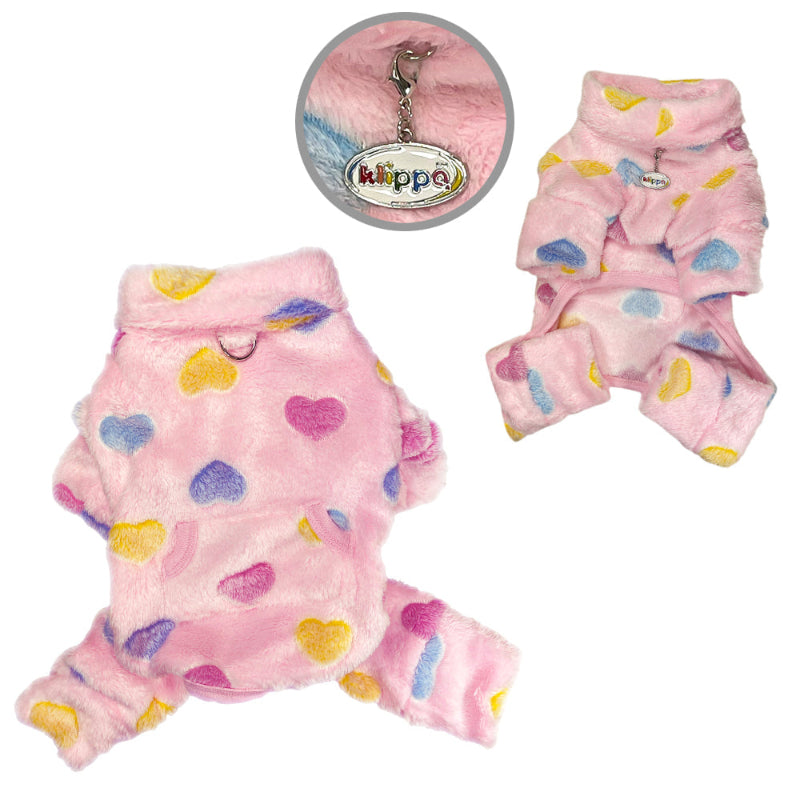 Yorkie wearing Pink Ultra Plush Colorful Hearts Turtleneck Dog Pajamas