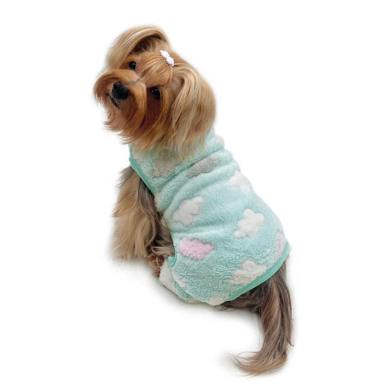 Yorkie wearing Ultra Plush Fluffy Clouds Front Sleeveless Dog Pajamas