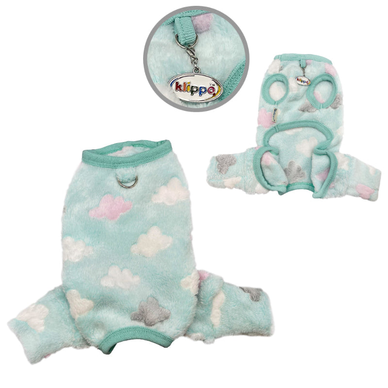 Yorkie wearing Ultra Plush Fluffy Clouds Front Sleeveless Dog Pajamas