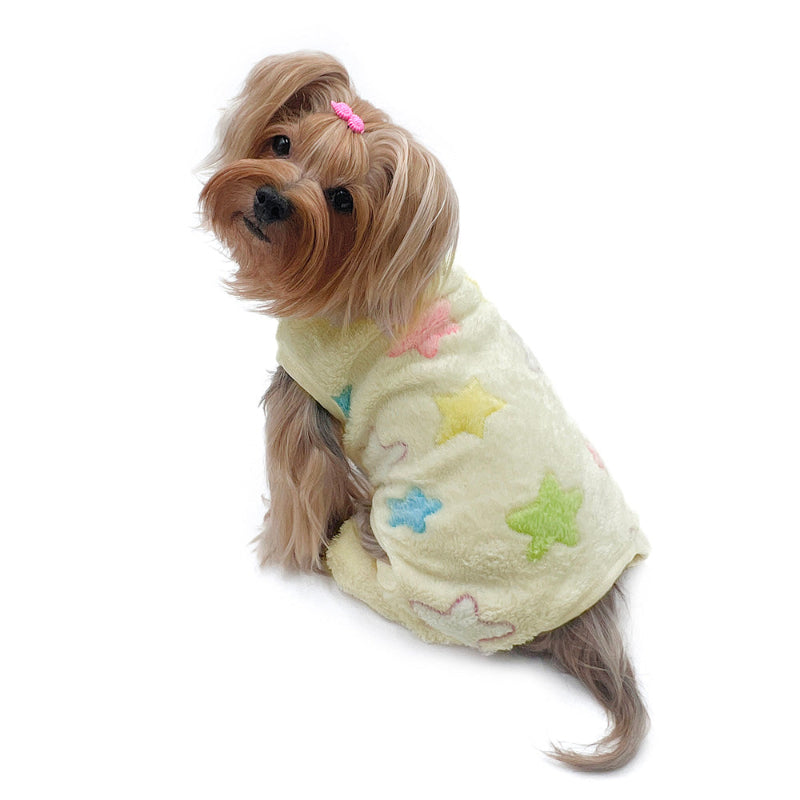 Yorkie wearing Ultra Plush Colorful Stars Front Sleeveless Dog Pajamas