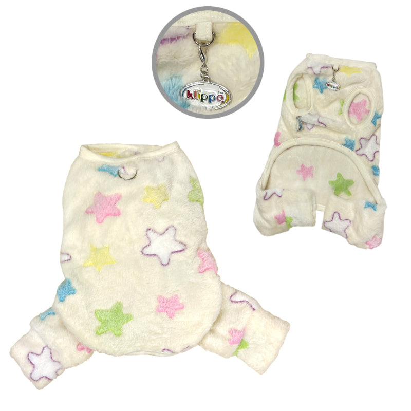 Yorkie wearing Ultra Plush Colorful Stars Front Sleeveless Dog Pajamas