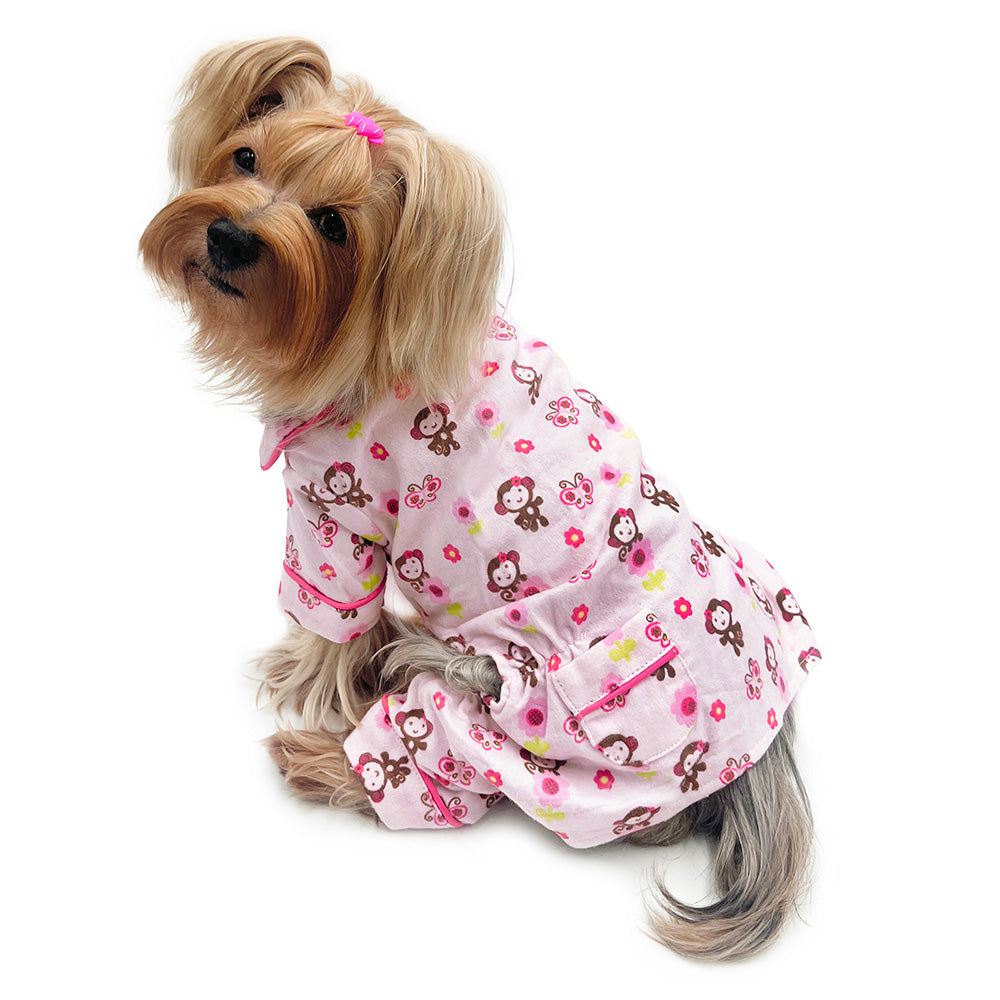 Yorkie wearing Pink Girly Monkey Flannel Dog Pajamas with 2 Pockets
