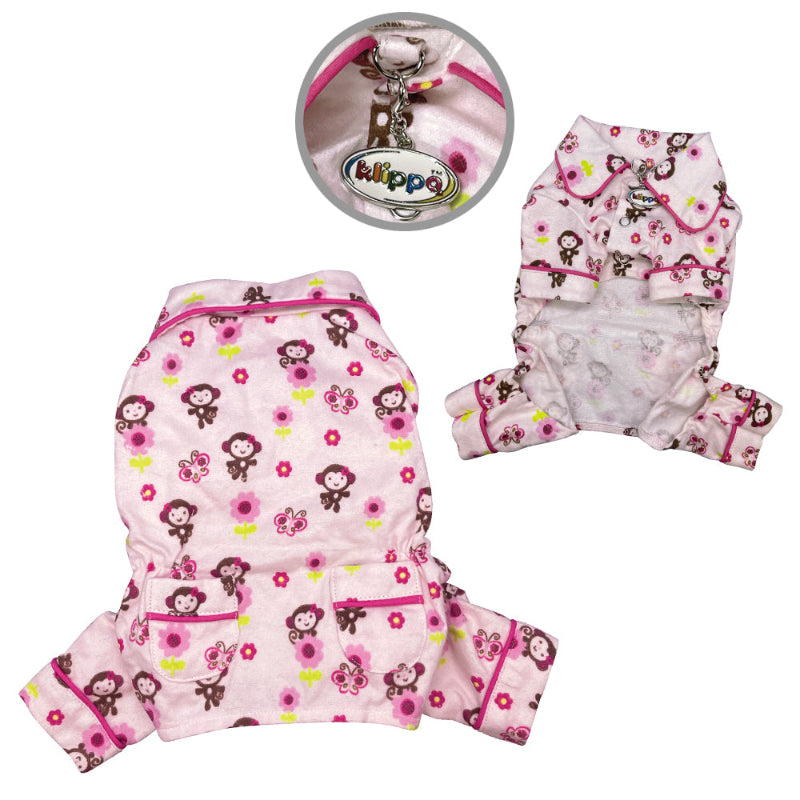 Yorkie wearing Pink Girly Monkey Flannel Dog Pajamas with 2 Pockets