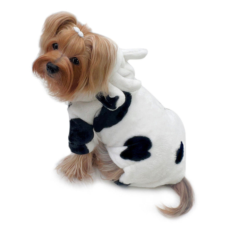 Yorkie wearing Ultra Plush Moo Cow Hooded Dog Pajamas