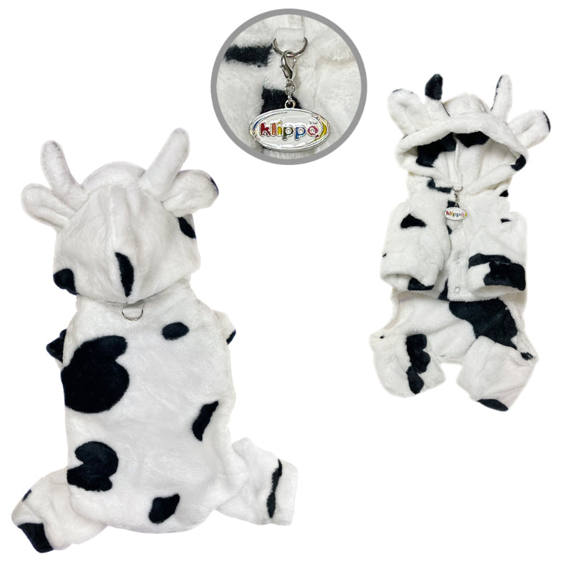 Yorkie wearing Ultra Plush Moo Cow Hooded Dog Pajamas