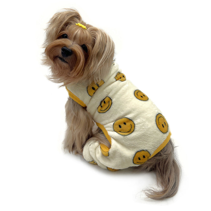 Yorkie wearing Ultra Plush Happy Face Front Sleeveless Pajamas