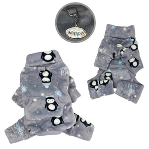 Gray penguin and snowflake dog pjs