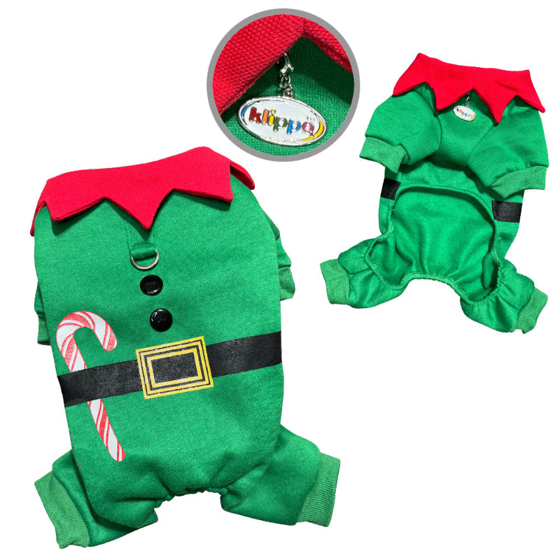 Small dog in Shimmery Candy Cane Elf Dog Bodysuit