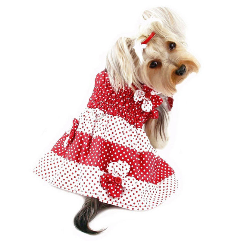 Yorkie wearing Red & White Polka Dots Dog Sundress with Contrasting Flowers