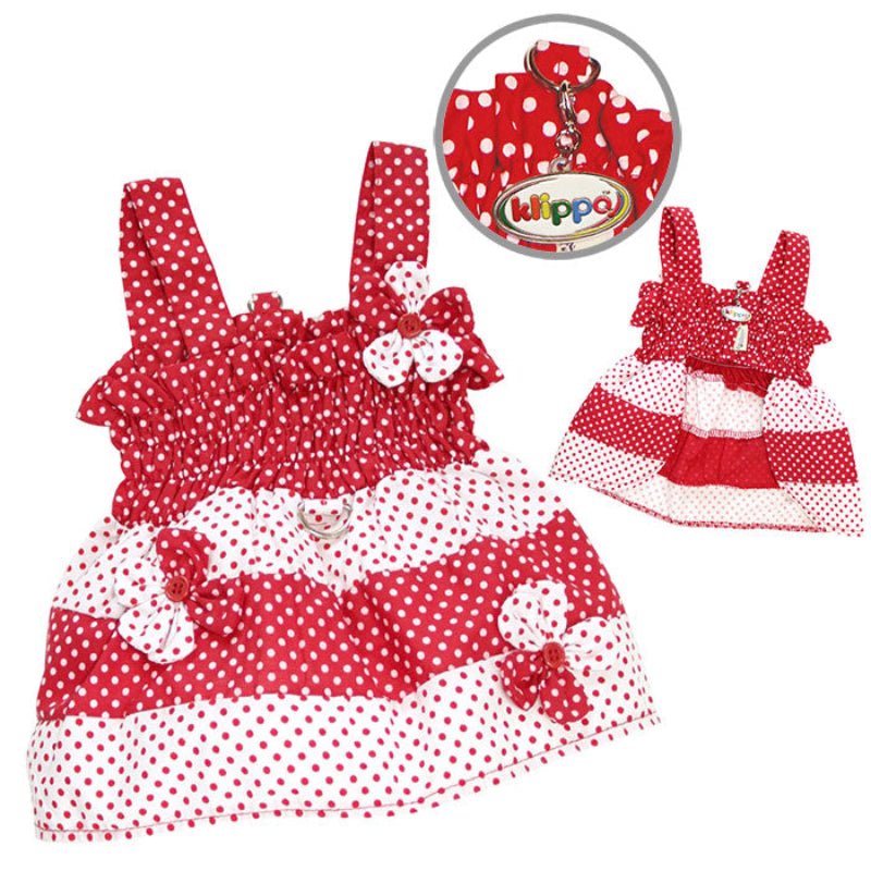 Yorkie wearing Red & White Polka Dots Dog Sundress with Contrasting Flowers